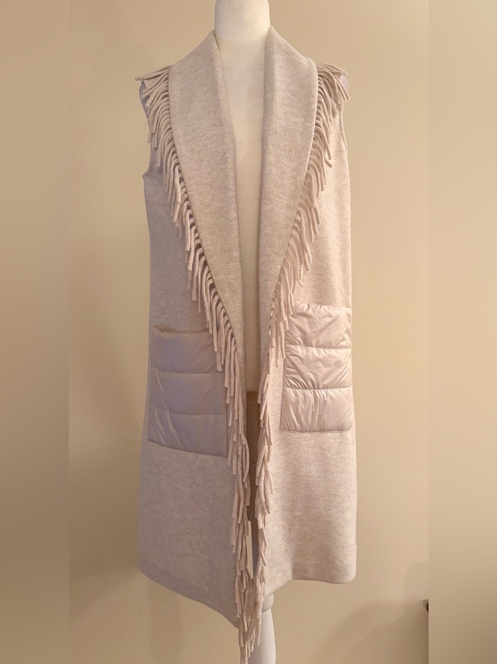 Fringed Open-Front Sleeveless Vest in Light Beige